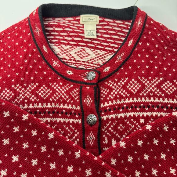LL Bean Sweater Womens XL/1X Red White Fair Isle Lambswool Button Nordic Knit - Picture 1 of 7